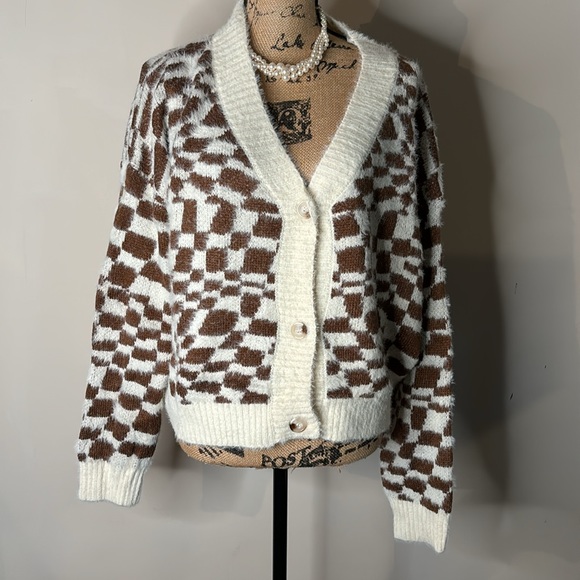 Plus Size ASHLEY STEWART Cropped Cardigan Sweater Cream Brown Sz 18/20 - Picture 4 of 5